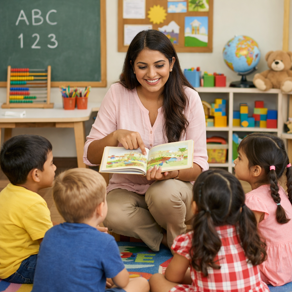 Kindergarten Teacher Teaching Students in Classroom teacher vacancy in Yamunanagar classroom teaching students